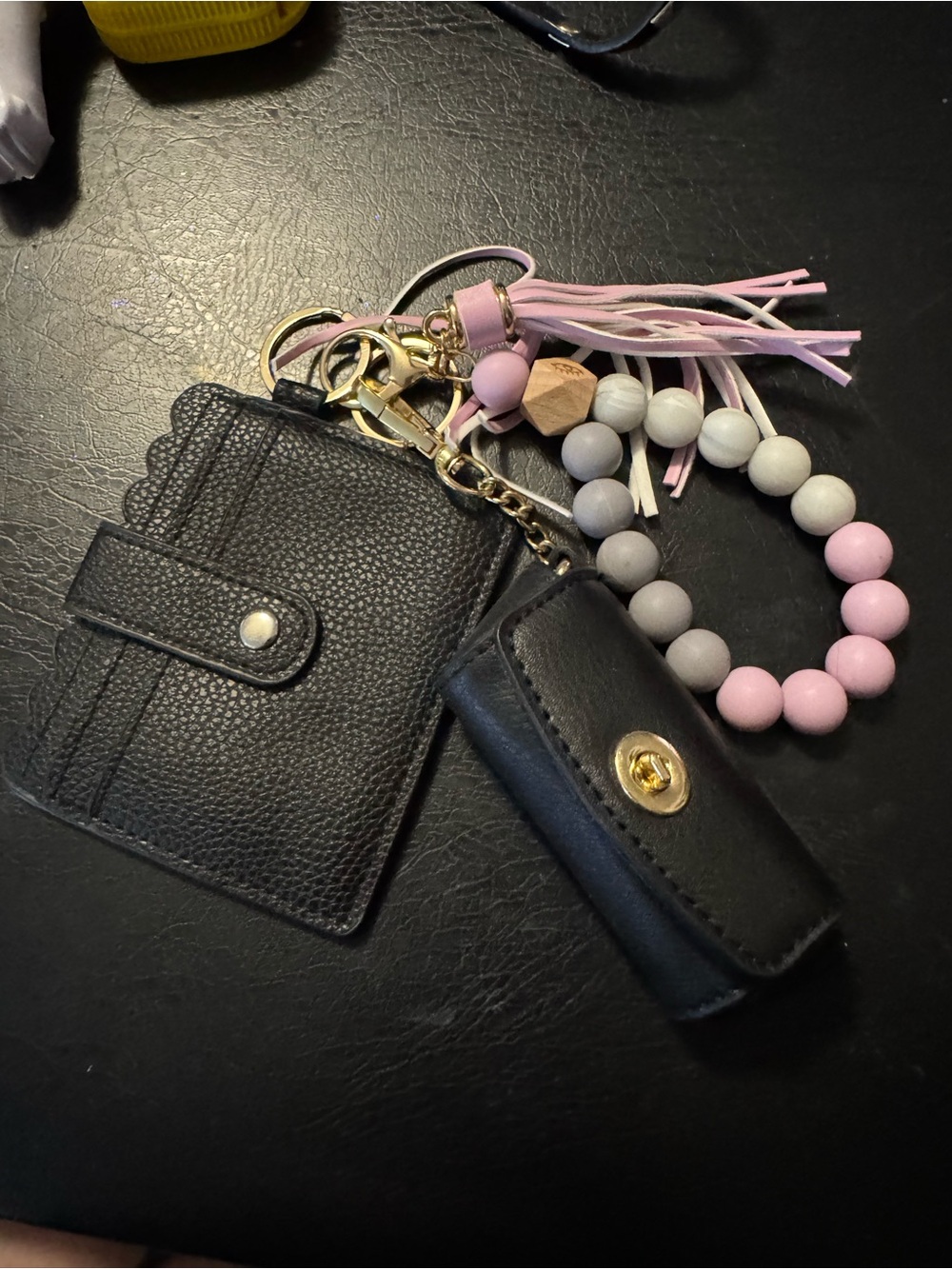 Black Leather Cardholder Keychain with Pink Beaded Wristlet and Tassel